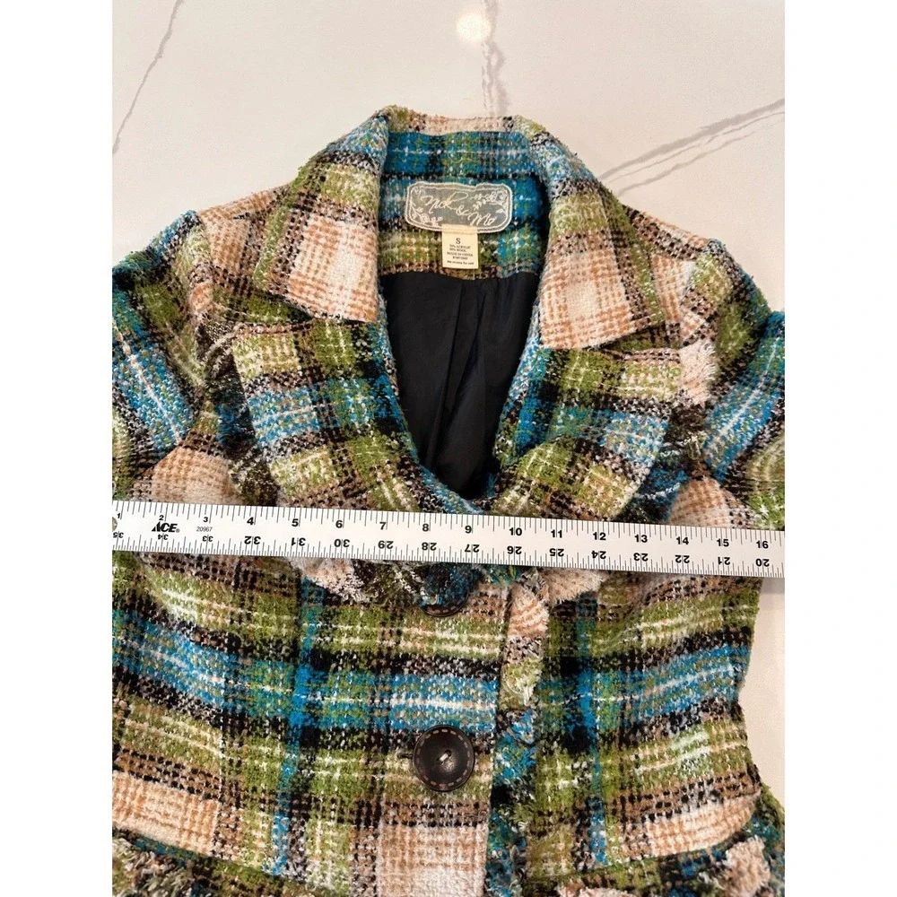 Anthropologie Nick &‎ Mo Retro Tweed Plaid Wool Flare Coat Small Fringed Boho